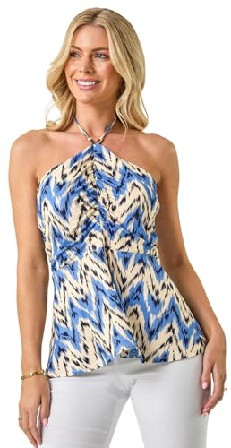 Roman Petite Abstract Halter Neck Stretch Top for Women UK - Ladies Everyday Holiday Spring Summer Comfy Soft Evening Vacation Work Party - Petite Blue - Size 16