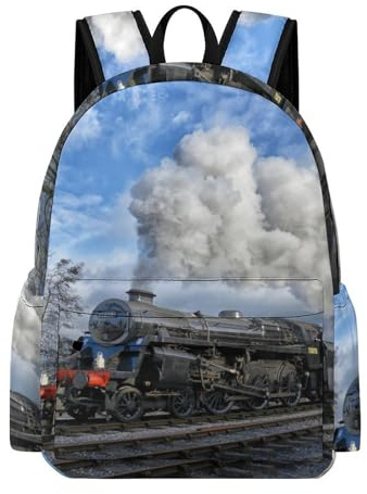 JiuPopular Rucksack, Eisenbahn-Dampfzug-Rucksack, lässiger Tagesrucksack für Outdoor, Sport, Reisen