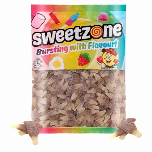 Sweetzonesweet Fizzy Cola Bottles 1kg x 1 – Halal, Vegan, Gluten-Free Chewy Gummies – Tangy Jelly Sweets – Party Bag, Sharing & Pick ‘n’ Mix with Welari Thank You Card | (1 Pack)