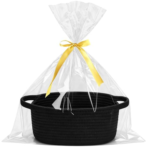 Schwarz Präsentkorb Geflochten Körbchen mit Geschenktüte & Geschenkband | Geschenkkorb Leer, Aufbewahrungskorb Deko für Geschenkverpackung, Geburtstag, Hochzeit, Ostern, Thanksgiving, Weihnachten
