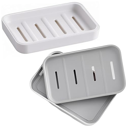 2-Pack Draining Soap Dish, Plastic Soap Tray with Lid – Self Draining Soap Holder for Shower, Bathroom, Kitchen, Travel, White and Grey