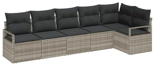 Yunovire Garten-Sofa-Set, 6-teilig, Hellgrau, Poly-Rattan, mit Stauraum, Eckbank, Mittelsofa, Armlehnsessel, wetterfest, für Terrasse, Balkon