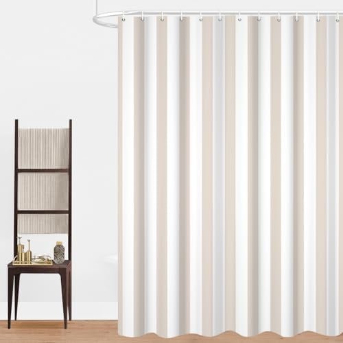 GCIREC Duschvorhang, 180x200cm, Beige Moderner Minimalismus Vertikale Streifen Wasserdichter Stoff Maschinenwaschbarer Badezimmervorhang mit Haken