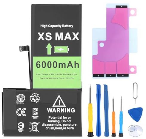 Replacement iPhone XS Max Battery for All-Day Gaming and Travel, 6000mAh High Capacity 0 Cycle Lithium Polymer with Repair Tool Kits for Heavy Users (A1921/A2102/A2104)