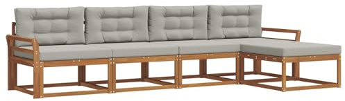 vidaXL Outdoor-Sofagarnitur mit Kissen 5 pcs Natürlich und Hellgrau, Outdoor-Möbel-Set, modernes Patio-Sofa, wetterfestes Lounge-Set, Latten-Sofa, modulares Sofa