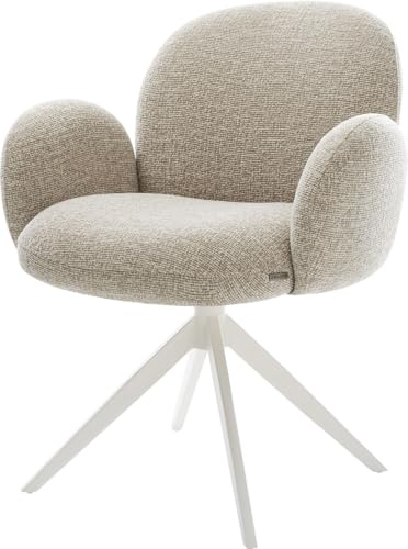 DELIFE Esszimmerstuhl Nube-Flex mit Armlehnen Kreuzgestell breit Weiß Webstoff Soft Beige 360° drehbar Wippfunktion Taschenfederkern
