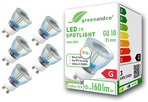 greenandco 5x GU10 35mm LED Spot | 3W 160 lm | 3000K warmweiß | 50° | 230V | CRI 90+ | flimmerfrei | nicht dimmbar