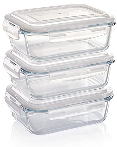 Grizzly Glas Frischhaltedosen, Set 3x 1040 ml, luftdicht, rechteckig, Click-Verschluss, vielseitige Vorratsdosen für Ofen, Mikrowelle, Gefrierfach