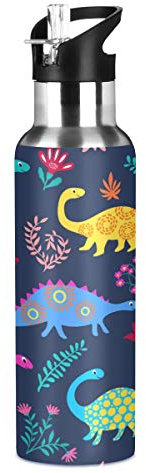 Botella de agua de acero inoxidable con pajita, diseño de dinosaurios de dibujos animados con diseño de dinosaurios, a prueba de fugas, 600 ml, color Dinosaurio 039, tamaño 600 ml