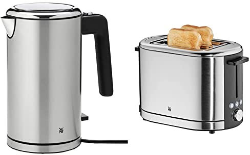 WMF Lono Wasserkocher doppelwandig (2400 Watt, 1,3 l) cromargan matt/silber & Lono Toaster Edelstahl, Doppelschlitz Toaster mit Brötchenaufsatz, für XXL-Toast, 7 Bräunungsstufen, 900 W, edelstahl matt