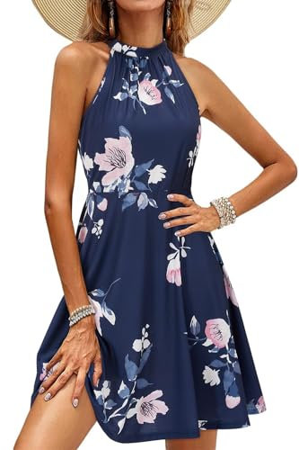 OUGES Abito Estivo Donna al Ginocchio con Scollo al Ginocchio Abito Estivo con Motivo Floreale Abito da Cocktail Elegante(Floral12,M)