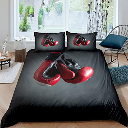 Boxing Bedding Set Sports Theme Comforter Cover For Boys Children Men,Boxing Gloves Pattern Duvet Cover Sports Games Room Decor Fighting Competition Pugilism Quilt Cover Double Size Red Black