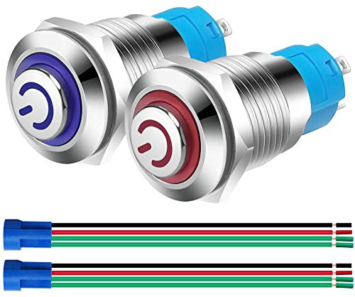 Gebildet 2pcs 12mm 230VAC 3A Interruptor de botón de Bloqueo Acero Inoxidable Impermeable Plana Top, Normalmente Abierto SPST ON/Off Pulsador con Enchufe de Cable(Azul+Rojo,Cabeza Alta)