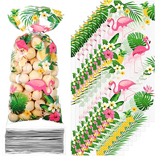 Geyee 100 Pieces Flamingo Cellophane Goodie Bags Hawaiian Tropical Treat Bags with 100 Silver Twist Ties Pineapple Palm Tree Flamingos Party Decorations