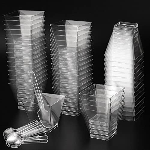 PINGEUI 50 Pack 2 oz / 60ml Plastic Dessert Cups, Clear Square Dessert Cups, Mini Dessert Pots Cheesecake Pots for Mousse Pudding Party Desserts Appetizers