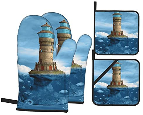 Ofenhandschuhe Topflappen Set Leuchtturm Möwen Vögel Architektur Maritime Rifffische Undersea Grillhandschuhe Küchendekoration Topfhandschuhe, Für Küche, Backen