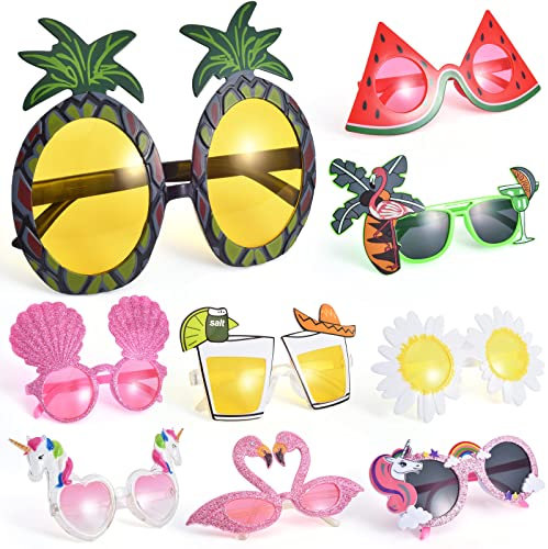 Menwings 9 stück Hawaii Partybrillen, lustige sonnenbrille, sommerdeko brillen, hippie brille, Pool beach party accessoires, Kostüm Party Dekorationen Kinder für Erwachsene, Foto Requisiten