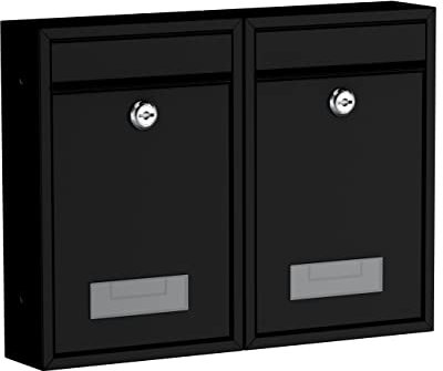 BASI | 2er Set Briefkasten | Wandbriefkasten Kompaktbriefkasten | DIN B5 | Namensschild jeweils 2 Schlüssel | Befestigungsmaterial | Briefkastenanlage | Stahlbriefkasten | Schwarz Matt | 2 Stück