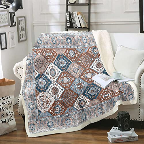 Homewish Vintage Vlies Decke Abstrakte Floral Sherpa Decke Persische Medaillon Decke 75x100cm, Böhmische Paisley Wurf Decke für Sofa Tribal Mandala Flanell Decke Microfiber Soft, Teal