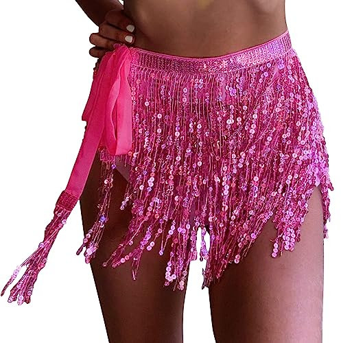 Durio Glitzer Rock Fransen Pailletten Quasten Bauchtanz Kostüm Festival Rock Damen Rave Festival Kleidung Rosarot Einheitsgröße