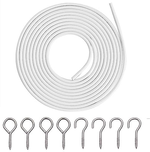 Kilymezh Filo bianco per tende da 5 metri, rivestito in plastica, per appendere quadri, con 8 paia di occhielli e ganci a vite