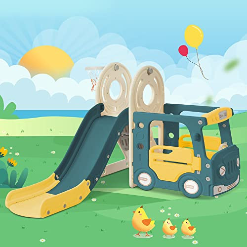 4-in-1 Kids Slide Set with Bus, Slide, Activity Ladder, and Basketball Hoop - Complete Fun Package for Children