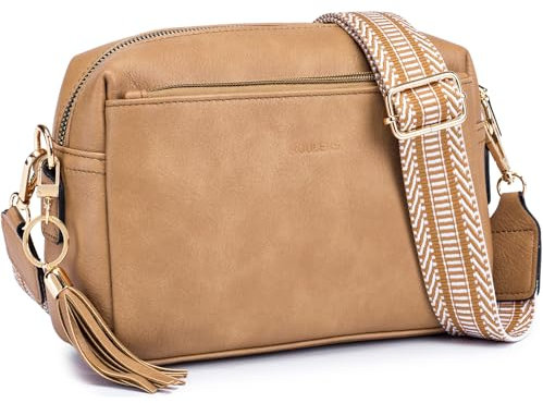 Roulens Damen Handy Umhängetasche,Veganem Leder Crossbody Schultertasche,Breiter Riemen Abendtasche mit drei Reißverschlussfächern Handtaschemit mit Kartenschlitz Verstellbar Abnehmbar Schultergurt