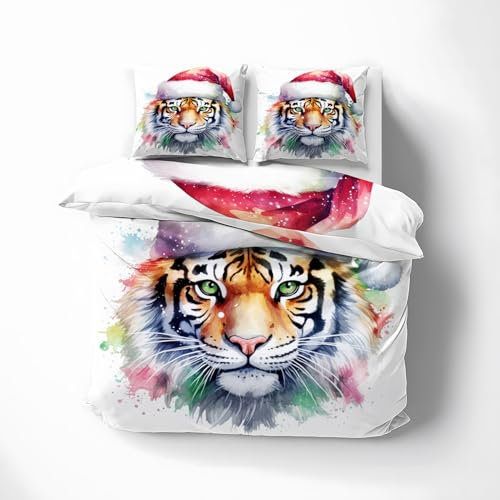 GEDAEUBA Tiger Weihnachten Bettwäsche 155x220 Winter - Wilde Tiere Bettbezug 155x220 3 teilig, Wendebettwäsche und Kissenbezug 80x80, Weiche & Angenehme Mikrofaser Bettwäsche-Sets mit Reißverschluss