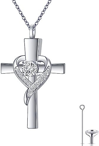 HOOHWE Asche Halskette Sterling Silber Urn Halsketten für Asche, S925 Sterling Silber Kreuz Herz Einäscherung Schmuck für Asche für Frauen Männer, Einäscherung Andenken Gedenkgeschenk