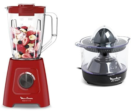Moulinex Blender Blendforce, 600 W, 2 vitesses + fonction Pulse & Presse-agrume électrique, Double rotation, Capacité 0.45 L, Ultra Compact, Noir PC120870