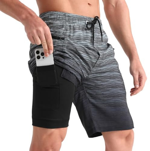 ELETOP Mens Swim Trunks mit Compression Liner 9 Inseam Quick Dry Swim Shorts mit Reißverschlusstaschen Board Shorts Badeanzüge