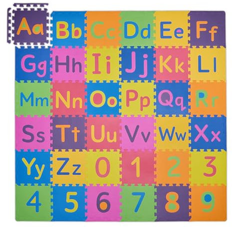 Relaxdays Puzzlematte ABC und Zahlen, 90 Teile, Spielmatte Kinder, BxT: 180,5x180,5 cm, unbedenklich, Schaumstoff, bunt
