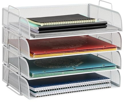 Mind Reader Stackable Paper Tray, Desktop Organizer, File Storage, Office, Metal Mesh, 14 L x 9.75 W x 11.25 H, 4 Pcs., White