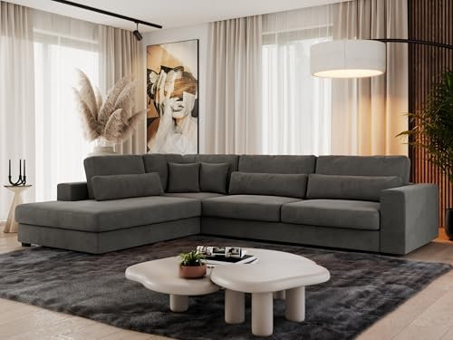 MKS MEBLE Ecksofa Sofa L-Form Dunkelgrau Velvet, Wohnlandschaft L-Form, Couch L Form, Sofagarnitur Couchgarnitur Polsterecke, Breite: 316 cm - Savona L - Dunkelgrau Velvet - Links
