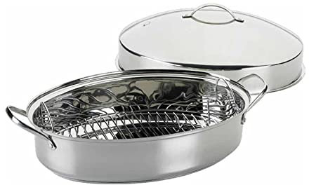 WJSXEQF Juego de asador Ovalado de Acero Inoxidable, Bandeja para Asar con Rejilla y Tapa, Compatible con inducción, Apto para lavavajillas, Horno, asador de Pavo