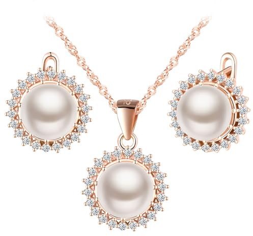 MicLee Collane ciondoli e orecchini di perle per donna: Parure di gioielli in argento 925 - Collana e orecchini stile girasole con zirconi - Gioielli da sposa eleganti - Gioielli per feste