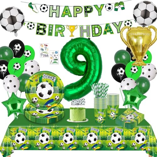 Football Birthday Decoration 9 Years, Football Party Tableware Set, Football Balloon 9th Birthday, Birthday Decoration Boys 9 Years, Paper Plates Tablecloth for Football Party Children's Birthday 16