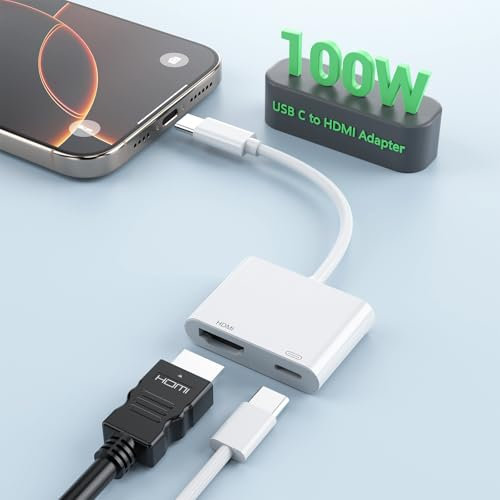Adaptateur USB C vers HDMI pour iPhone 16/15, Adaptateur Type-C vers HDMI 4K avec Port de Charge Rapide 100 W pour iPhone 16/16 Plus/16 Pro/16 Pro Max/15 Pro Max vers Moniteur de projecteur HDTV
