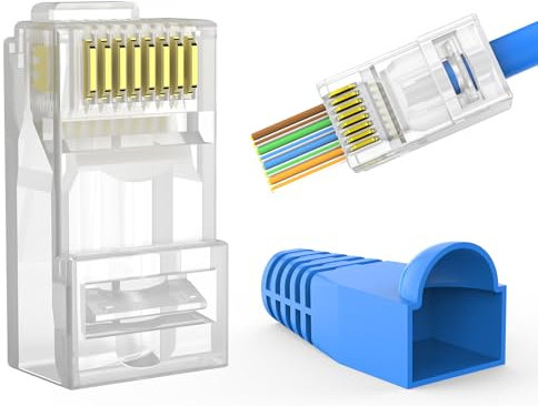 RJ45 Connector Pass Through Cat6 (Cat6 Pass Through, 100-Pack Plugs&100-Pack Boots) for Solid or Stranded UTP Ethernet Cable