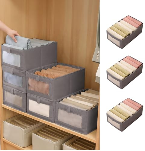 Braozaiw 3Pcs Wardrobe Storage Organiser with Clear Window - Foldable Fabric Boxes for Underwear, Socks, Clothing (Gray, Size M 40 * 27 * 17)