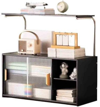 GLigeT Bücherregal Schwarzes mehrstufiges Bambus-Bücherregal for den Schreibtisch, mit Kunststoff-Schiebetür-Aufbewahrungsregal, for Büro-Bücher-Organizer-Ausstellungsregal Bücherturm