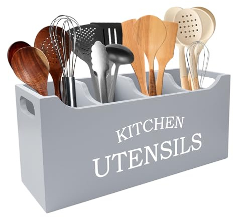 Karisky Utensil Holder for Kitchen Counter, Wood Extra Large 4 Compartments Kitchen Utensil Holder with Drainage Bottom for Countertop, Farmhouse Cooking Tools Organizer for Spatula, Grey