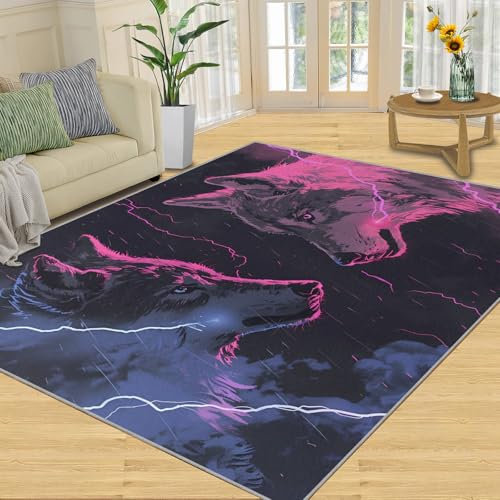 SANSJI Kinder-Teppich mit Wolfsmotiv, Wildtier-Teppich für Schlafzimmer, schmutzabweisend, waschbar, rutschfest, Waldwelf-Thema, Wolf-Design, weich, rechteckig, 90 x 180 cm