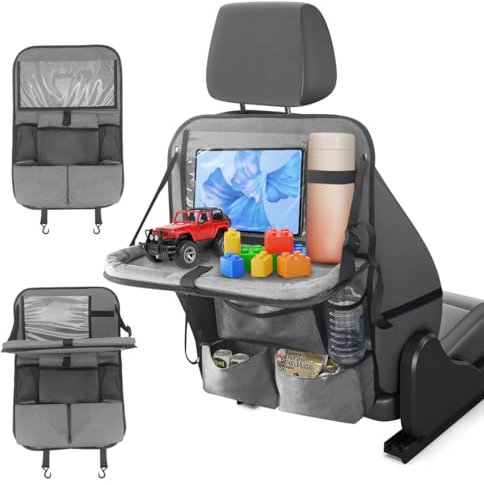 DingGreat Car Seat Organiser Back Seat for Kids with Foldable Tray Table & Tablet Holder - 11+2 Pockets Storage Bag with Kick Mats Protector, Multi-Functional Car Tidy Organiser for Laptop/Snack