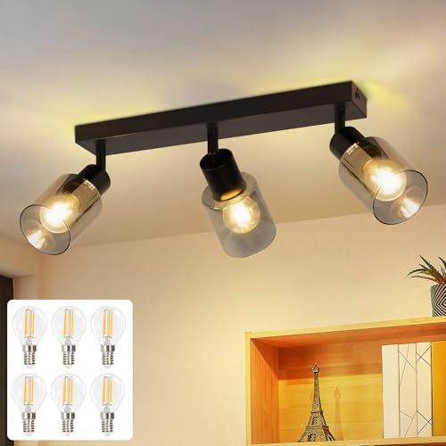 Kowanie Deckenstrahler 3 flammig Deckenlampe Vintage: Deckenleuchte Schwarz Schwenkbar Küchenlampe Metall Deckenspots Glas Spotleuchte Wand für Wohnzimmer Flur Küche inkl. 6 × E14 2700K Leuchtmittel
