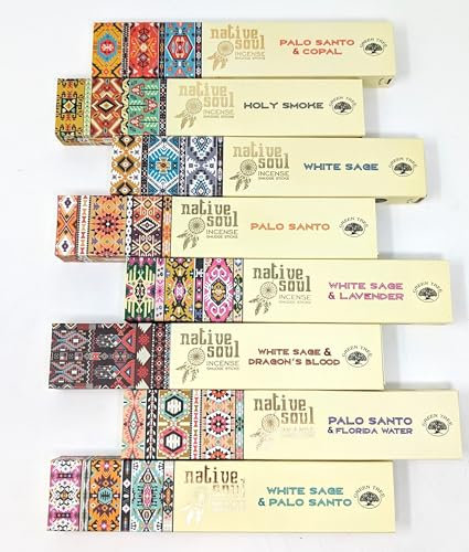 Native Soul Räucherstäbchen 8er Pack mit JRose Räuchergefäß - Palo Santo, Weißer Salbei, Lavendel, Drachenblut, Copal & More - Aromatisches Verwischen & Meditation - langanhaltender Duft