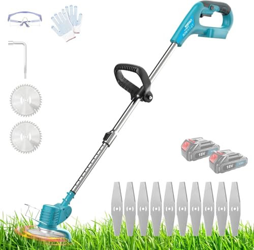 Akku Rasentrimmer,Ersatz für Makita Bosch,Rasentrimmer mit 2 Akku 3.0Ah, 18 V Bürstenloser Freischneider, Elektro Motorsense, Verstellbarer Griff, 90°Schwenkbarem Kopf, für Garden Trimmen 