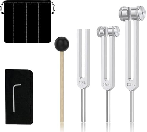Fynokst Stimmgabel Set - Stimmgabel zum Heilen, 128 Hz, 256 Hz, 512 Hz, mit Silikonhammer und Tasche, Sound Healing Therapy Tool Set, für Meditation und Therapie