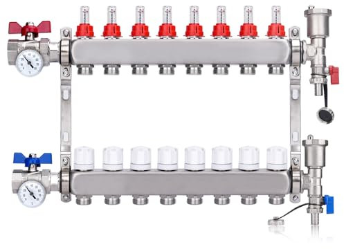 8 Heizkreise | Heizkreisverteiler inkl. 1 Kugelhähne | mit Thermometer | Fußbodenheizung mit Manueller Entlüfter, Flussmesser Durchflussmesser | Anschlüsse für Eurokonus 3/4 | 30x1,5 mm | HKV Verteil