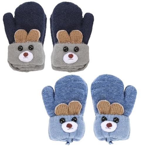 Werownsgso 2 Paar Baby Fäustlinge 1-3 Jahre Baby Handschuhe Winter Cartoon Warme Weiche Kleinkind Strickhandschuhe Full Finger Babyfäustlinge mit Schnu für Kinder Jungen Mädchen
